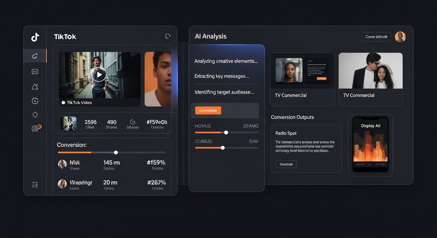 Creative Genome AI Dashboard showing social media content being converted to TV and radio formats
