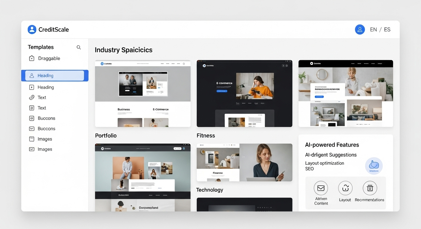 CreditScale website builder interface showing template gallery